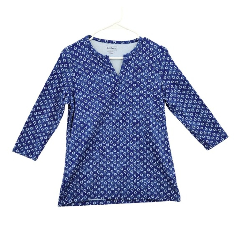 LL Bean Womens Nautical Preppy Coastal Blue Geometric 3/4 Sleeve Top S Travel